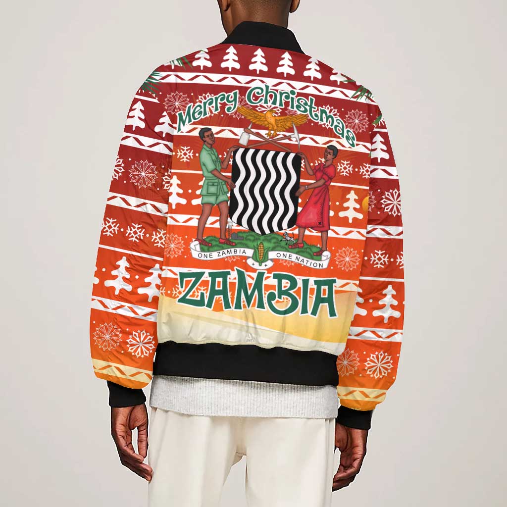 Zambia Christmas Bomber Jacket African Animals Tree Snowflakes and National Emblem - African Pride
