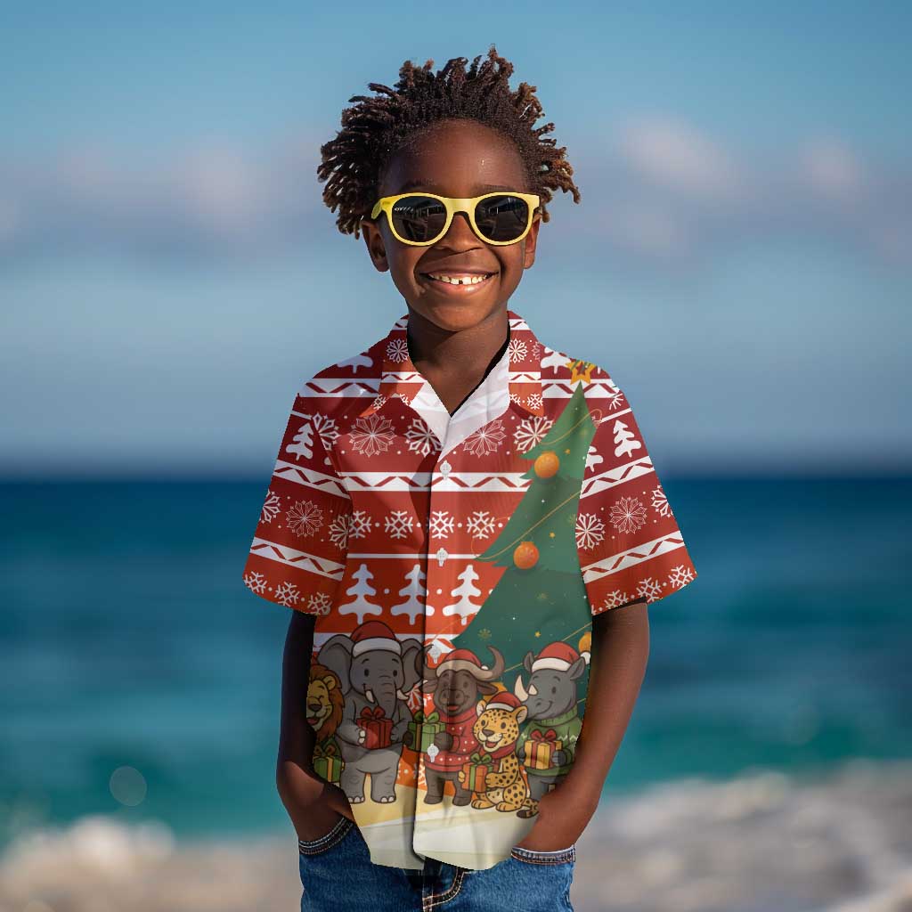 Zambia Christmas Kid Hawaiian Shirt African Animals Tree Snowflakes and National Emblem - African Pride
