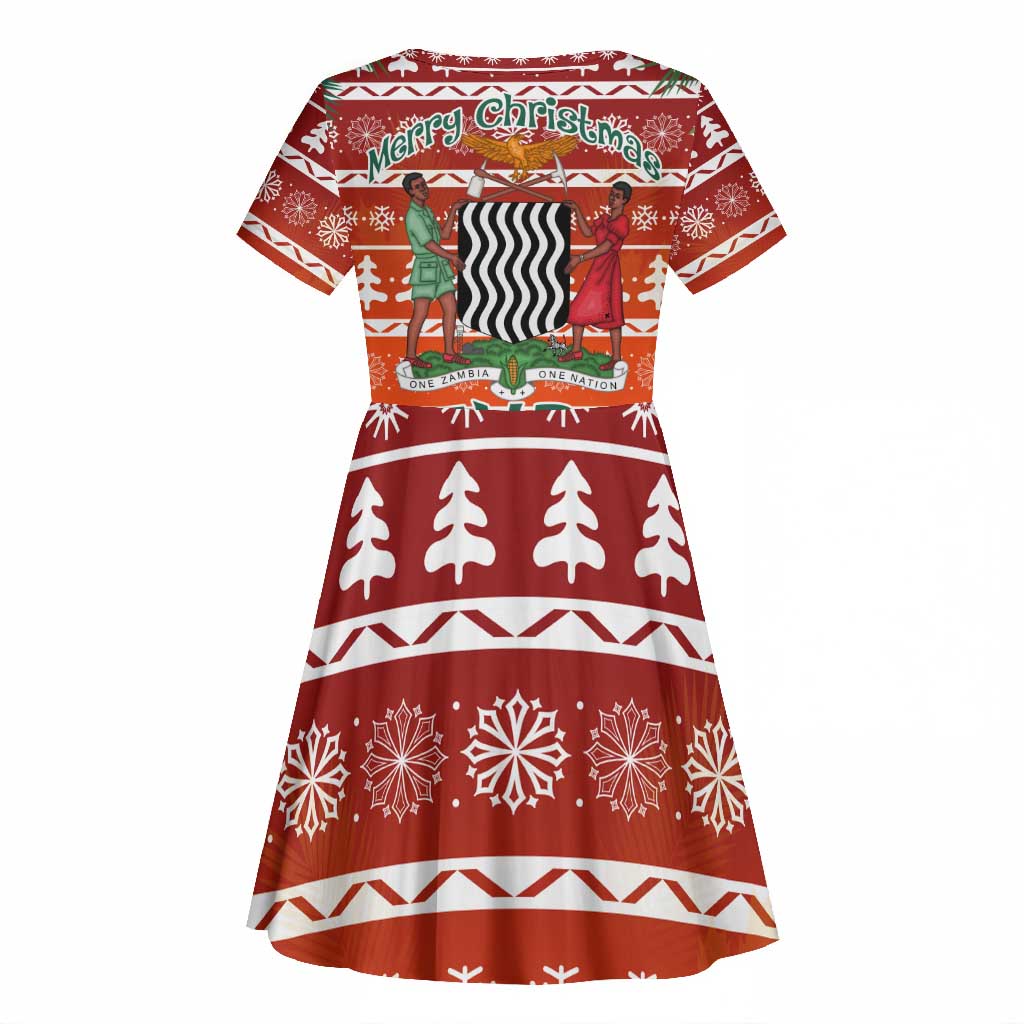 Zambia Christmas Kid Short Sleeve Dress African Animals Tree Snowflakes and National Emblem - African Pride