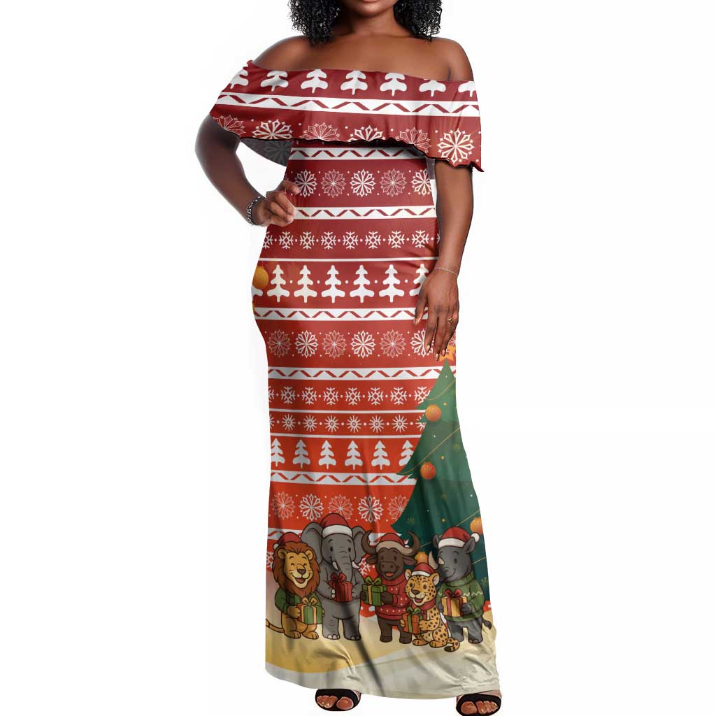 Zambia Christmas Off Shoulder Maxi Dress African Animals Tree Snowflakes and National Emblem - African Pride