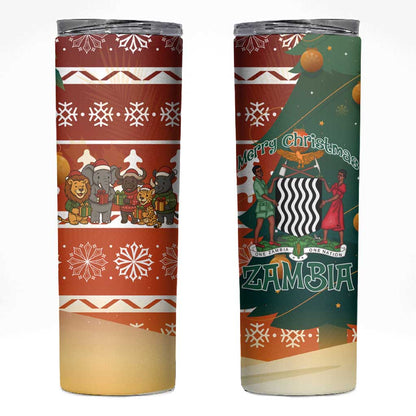 Zambia Christmas Skinny Tumbler African Animals Tree Snowflakes and National Emblem - African Pride