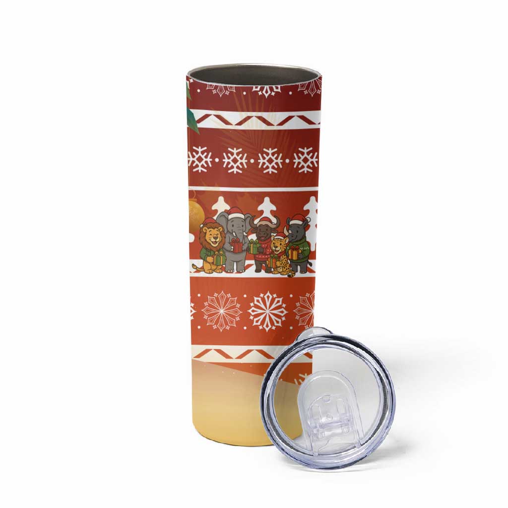 Zambia Christmas Skinny Tumbler African Animals Tree Snowflakes and National Emblem - African Pride