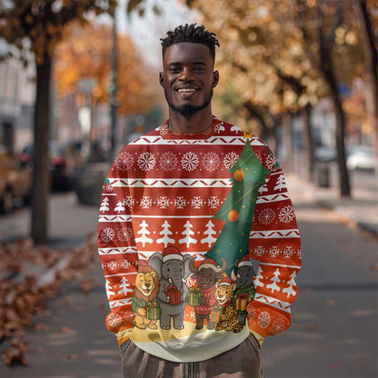 Zambia Christmas Sweatshirt African Animals Tree Snowflakes and National Emblem - African Pride