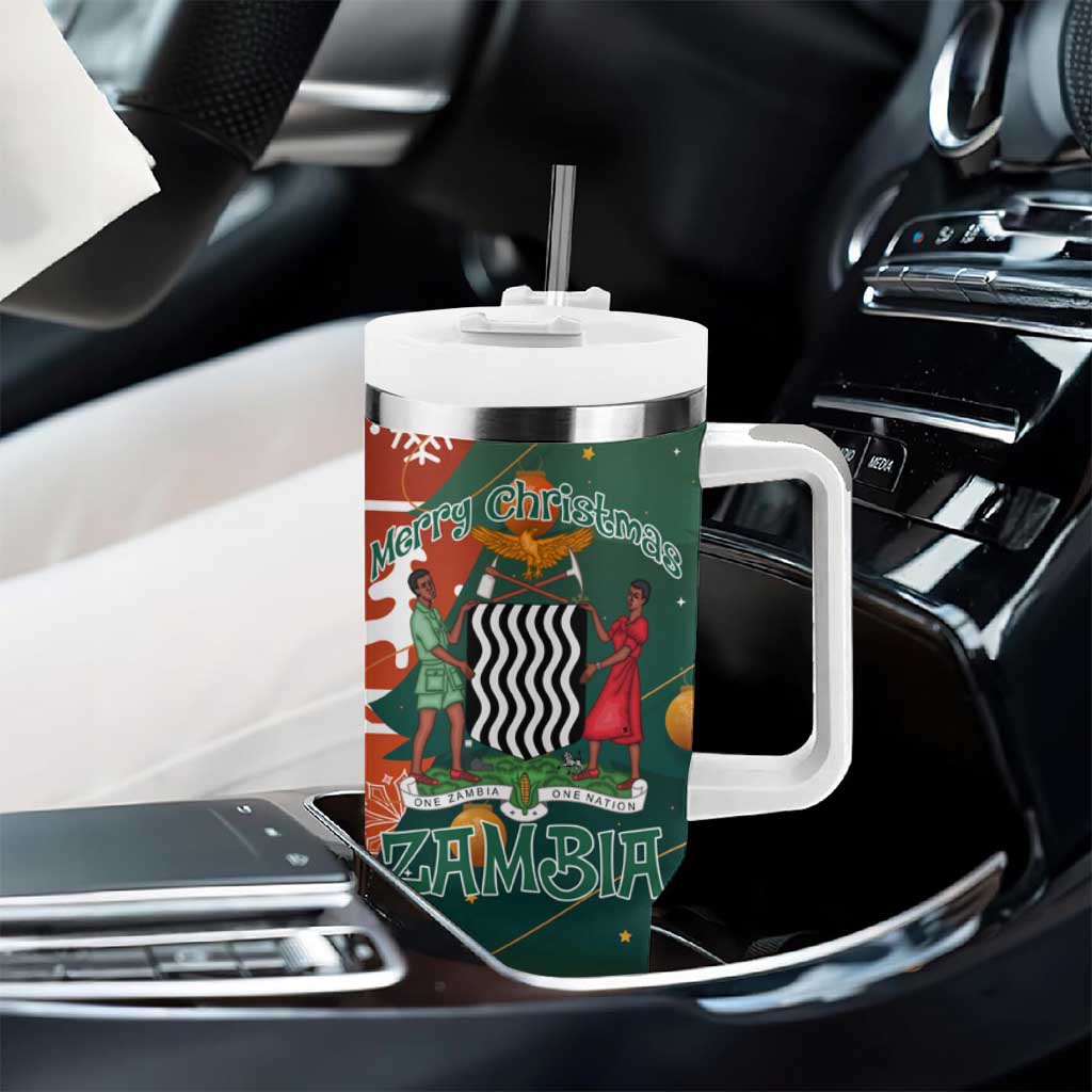 Zambia Christmas Tumbler With Handle African Animals Tree Snowflakes and National Emblem - African Pride