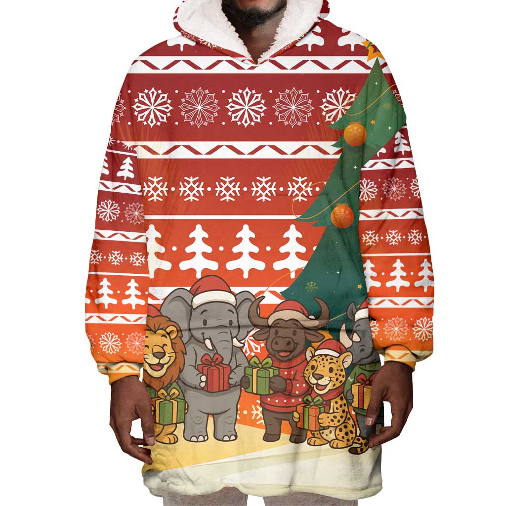 Zambia Christmas Wearable Blanket Hoodie African Animals Tree Snowflakes and National Emblem - African Pride