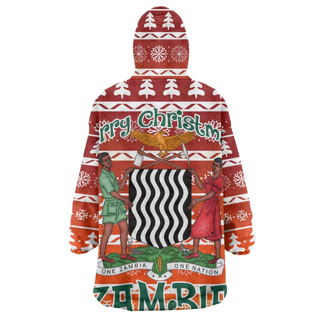 Zambia Christmas Wearable Blanket Hoodie African Animals Tree Snowflakes and National Emblem - African Pride