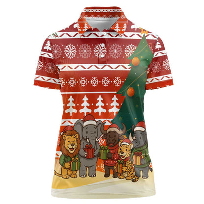 Zambia Christmas Women Polo Shirt African Animals Tree Snowflakes and National Emblem - African Pride