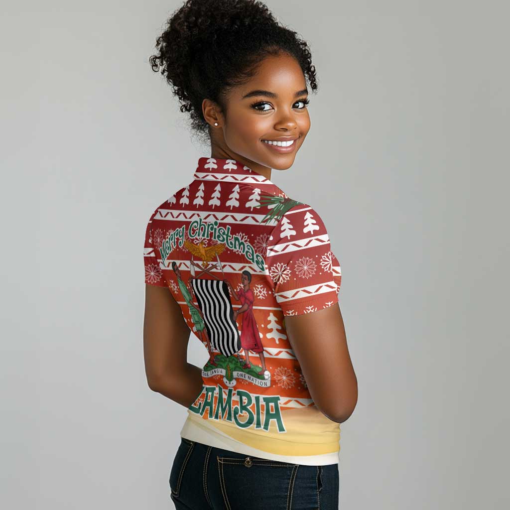 Zambia Christmas Women Polo Shirt African Animals Tree Snowflakes and National Emblem - African Pride