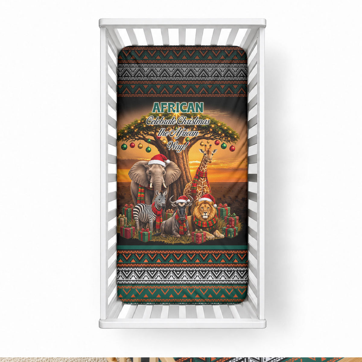 African Safari Animals Christmas Baby Bed Cover Savannah Wildlife Festive Holiday Tribal Pattern