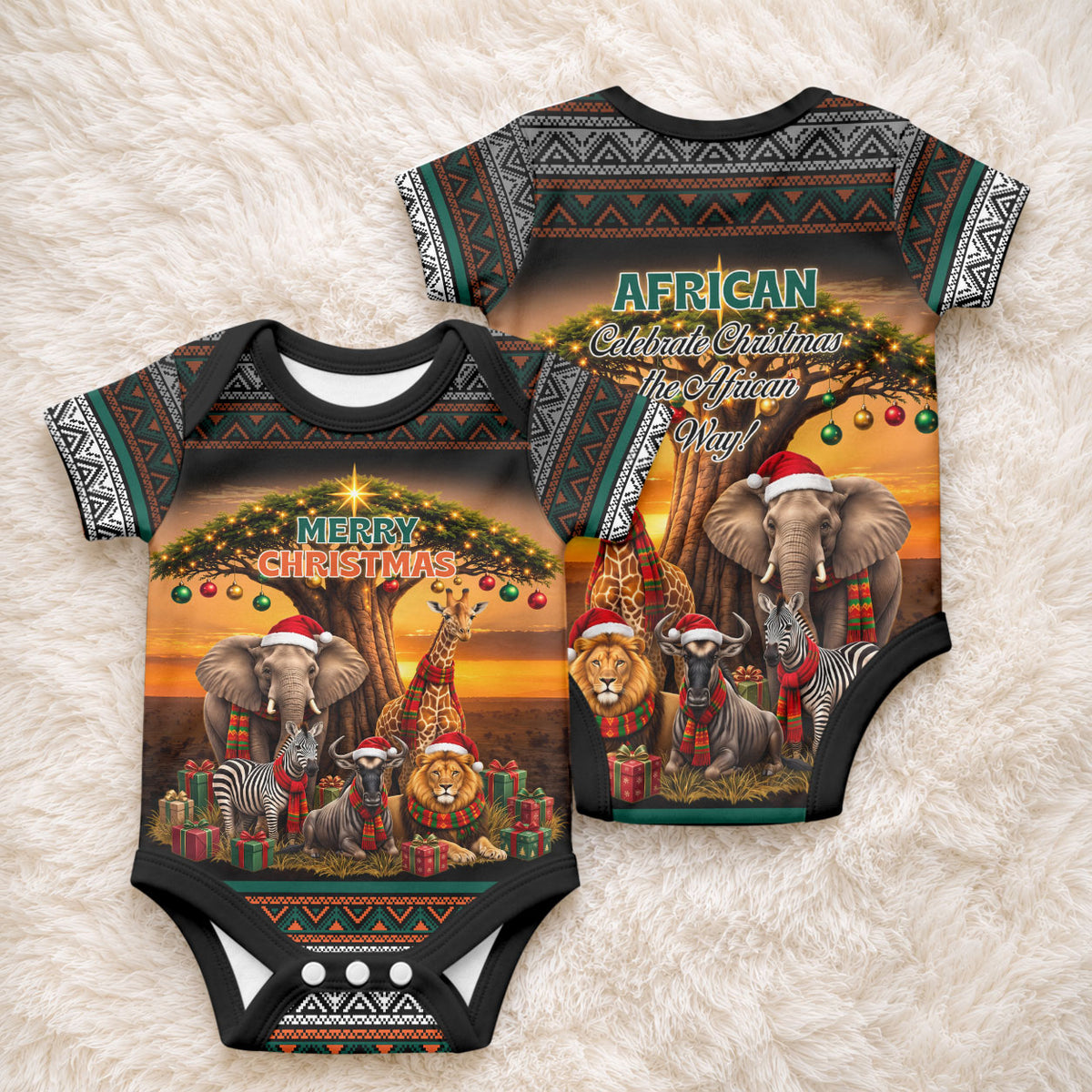 African Safari Animals Christmas Baby Onesie Savannah Wildlife Festive Holiday Tribal Pattern