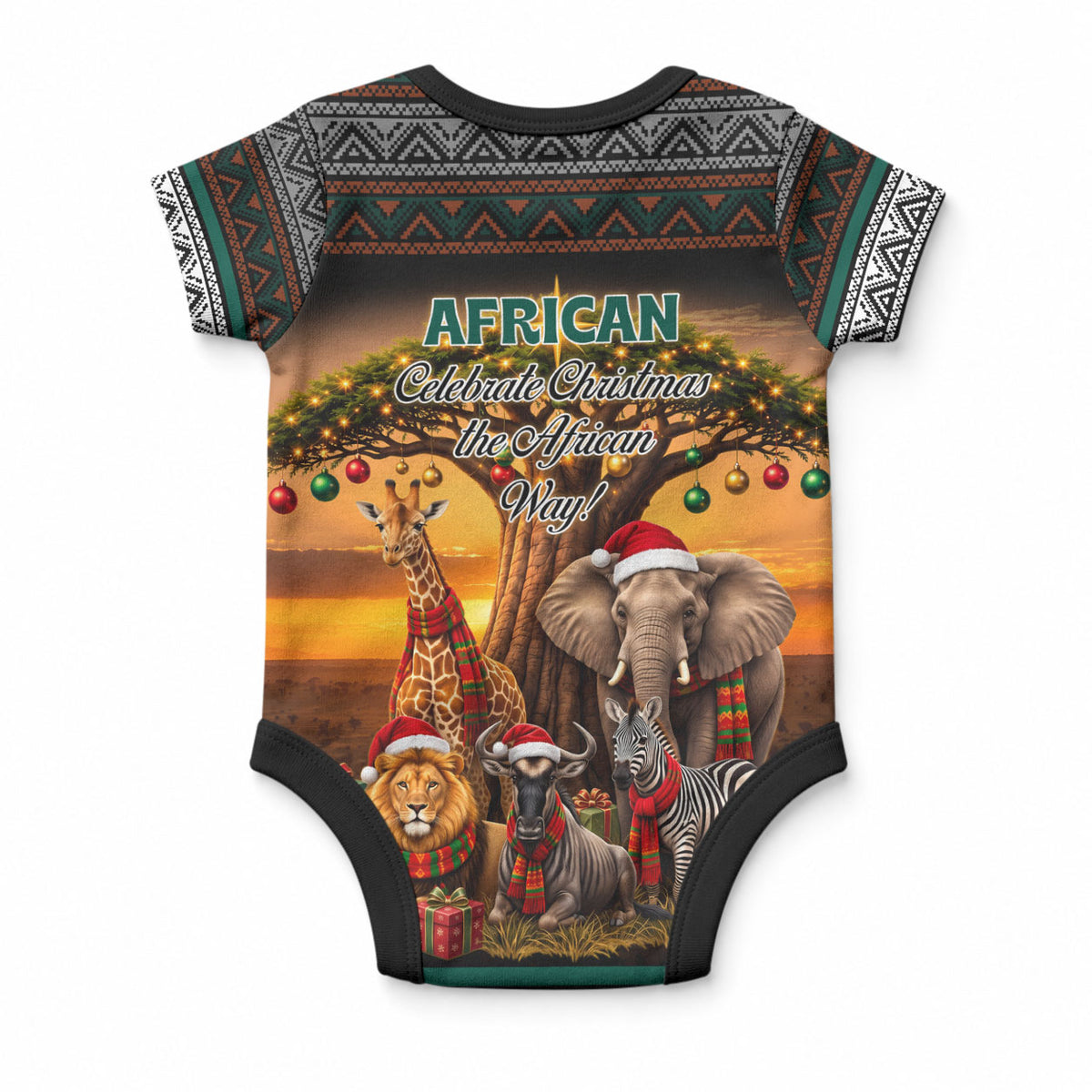 African Safari Animals Christmas Baby Onesie Savannah Wildlife Festive Holiday Tribal Pattern