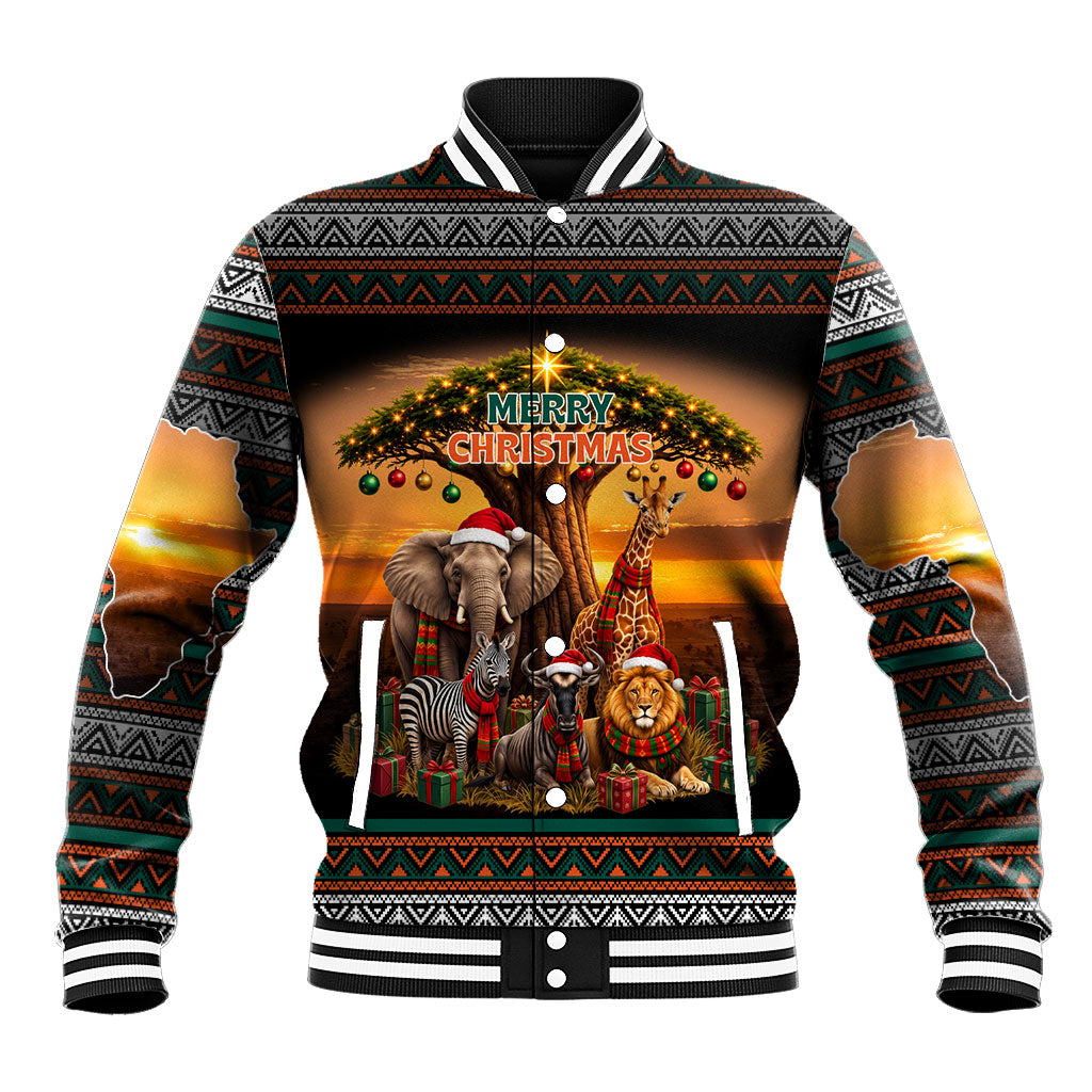 African Safari Animals Christmas Baseball Jacket Savannah Wildlife Festive Holiday Tribal Pattern