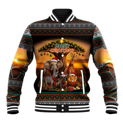 African Safari Animals Christmas Baseball Jacket Savannah Wildlife Festive Holiday Tribal Pattern