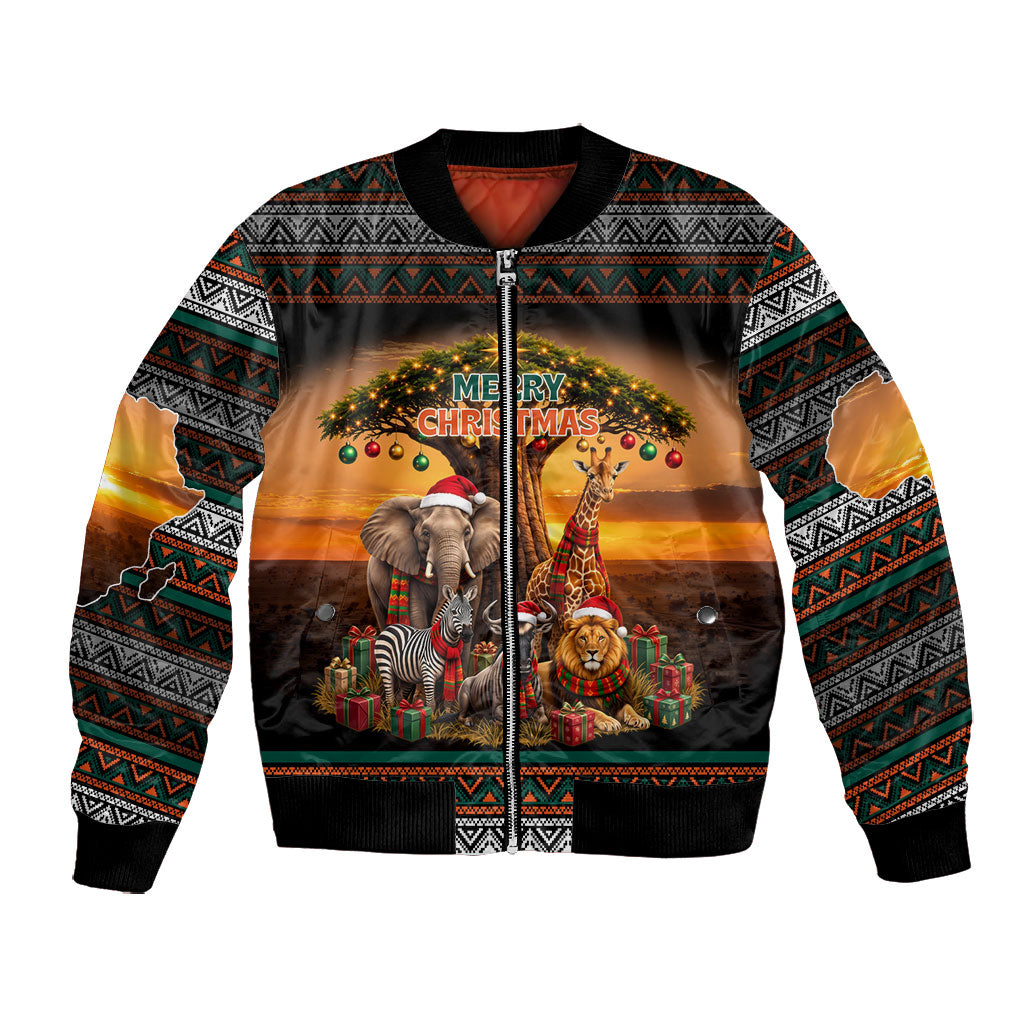 African Safari Animals Christmas Bomber Jacket Savannah Wildlife Festive Holiday Tribal Pattern