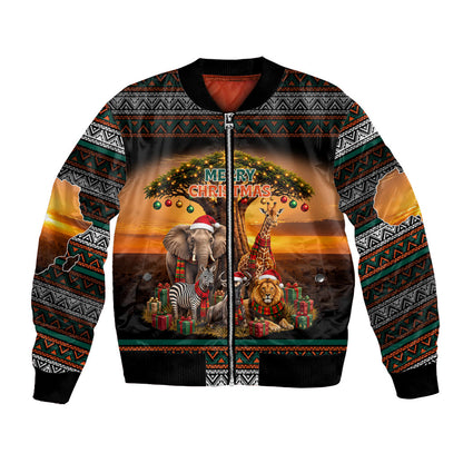 African Safari Animals Christmas Bomber Jacket Savannah Wildlife Festive Holiday Tribal Pattern