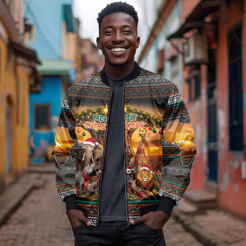 African Safari Animals Christmas Bomber Jacket Savannah Wildlife Festive Holiday Tribal Pattern