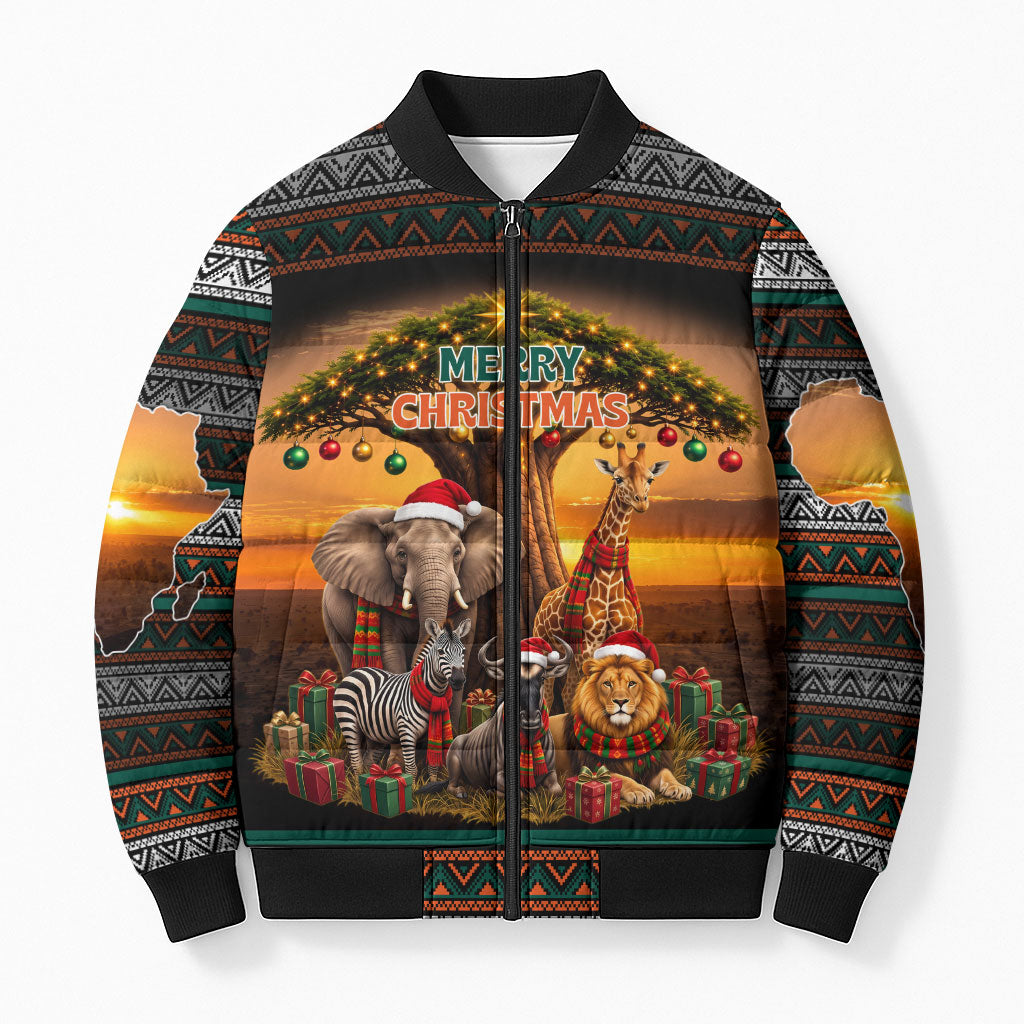 African Safari Animals Christmas Bomber Puffer Jacket Savannah Wildlife Festive Holiday Tribal Pattern