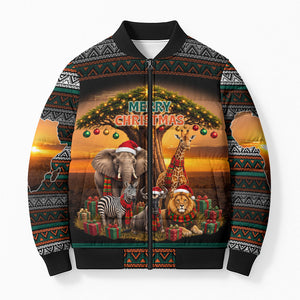 African Safari Animals Christmas Bomber Puffer Jacket Savannah Wildlife Festive Holiday Tribal Pattern