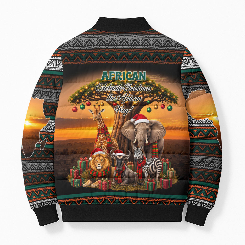 African Safari Animals Christmas Bomber Puffer Jacket Savannah Wildlife Festive Holiday Tribal Pattern
