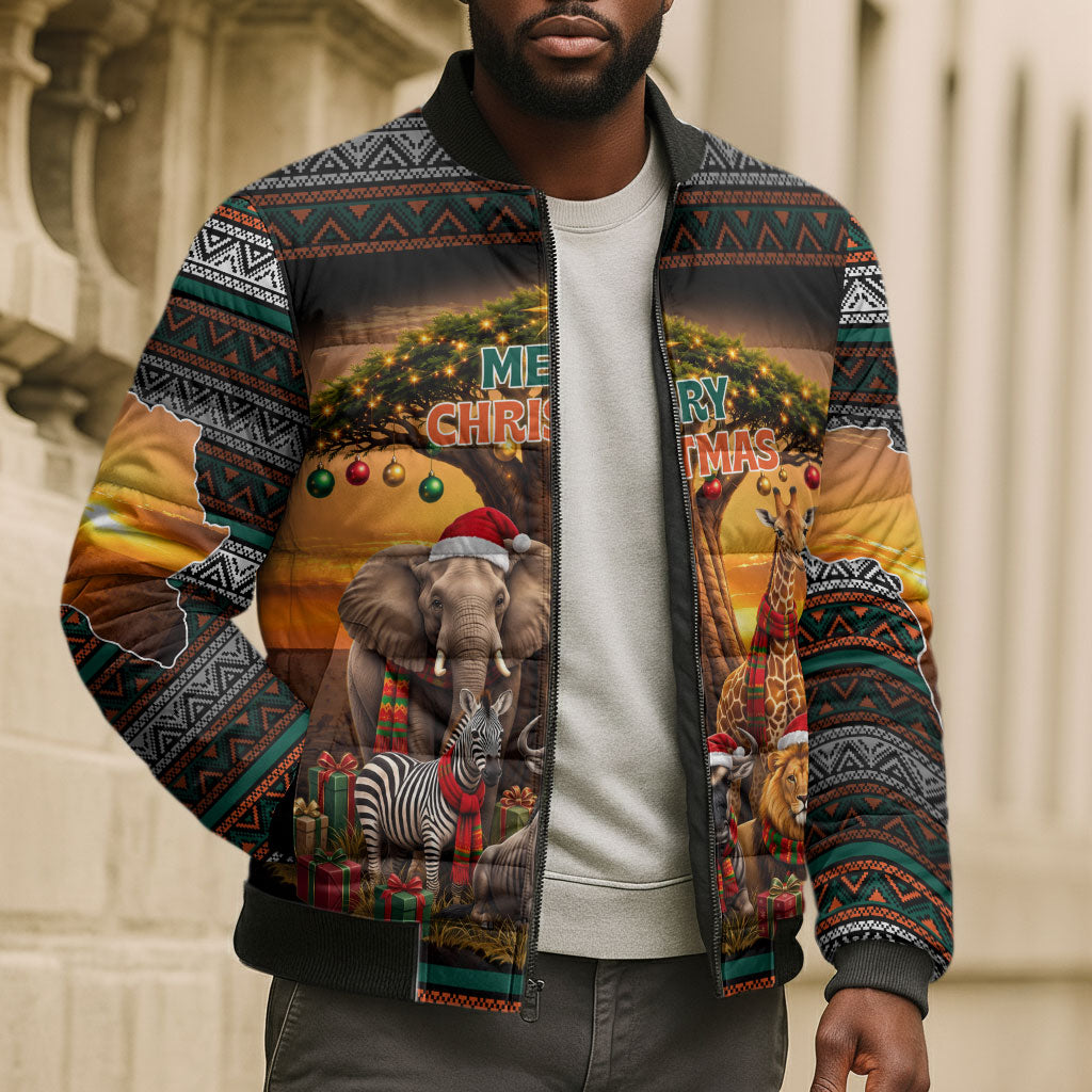 African Safari Animals Christmas Bomber Puffer Jacket Savannah Wildlife Festive Holiday Tribal Pattern