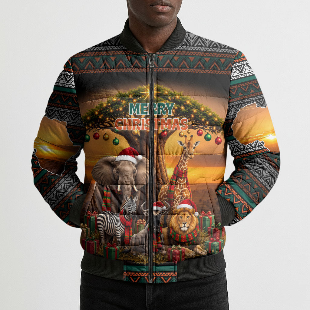 African Safari Animals Christmas Bomber Puffer Jacket Savannah Wildlife Festive Holiday Tribal Pattern