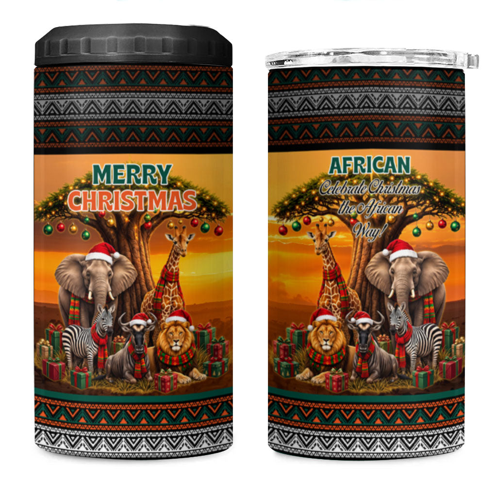 African Safari Animals Christmas 4 in 1 Can Cooler Tumbler Savannah Wildlife Festive Holiday Tribal Pattern