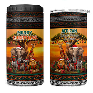 African Safari Animals Christmas 4 in 1 Can Cooler Tumbler Savannah Wildlife Festive Holiday Tribal Pattern
