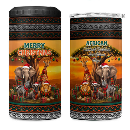 African Safari Animals Christmas 4 in 1 Can Cooler Tumbler Savannah Wildlife Festive Holiday Tribal Pattern