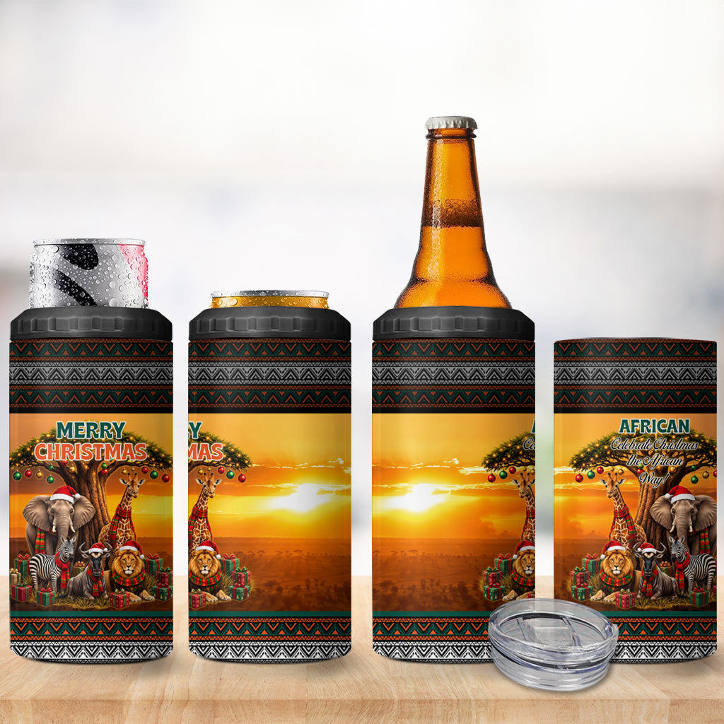 African Safari Animals Christmas 4 in 1 Can Cooler Tumbler Savannah Wildlife Festive Holiday Tribal Pattern