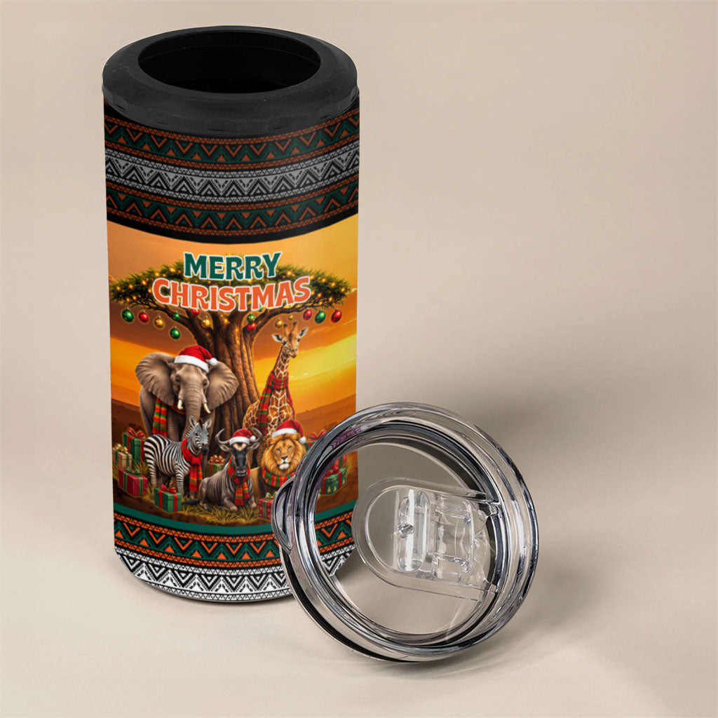 African Safari Animals Christmas 4 in 1 Can Cooler Tumbler Savannah Wildlife Festive Holiday Tribal Pattern