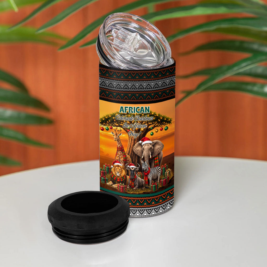 African Safari Animals Christmas 4 in 1 Can Cooler Tumbler Savannah Wildlife Festive Holiday Tribal Pattern