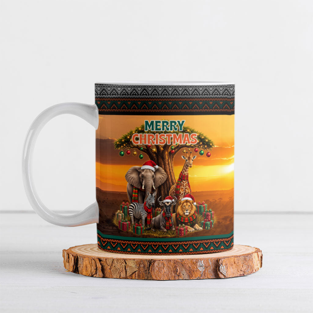 African Safari Animals Christmas Ceramic Mug Savannah Wildlife Festive Holiday Tribal Pattern