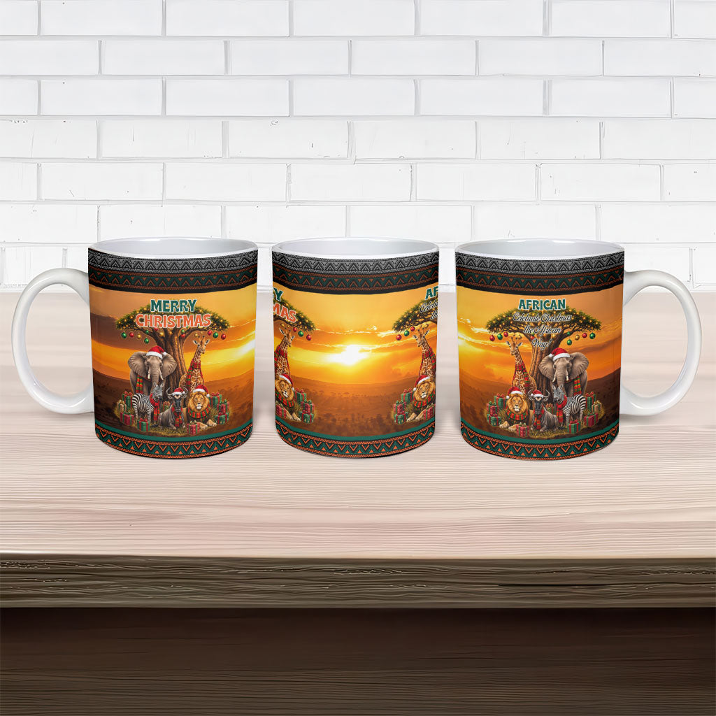 African Safari Animals Christmas Ceramic Mug Savannah Wildlife Festive Holiday Tribal Pattern