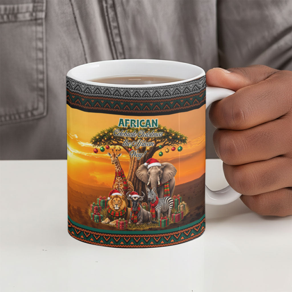 African Safari Animals Christmas Ceramic Mug Savannah Wildlife Festive Holiday Tribal Pattern