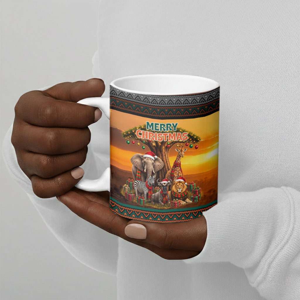 African Safari Animals Christmas Ceramic Mug Savannah Wildlife Festive Holiday Tribal Pattern