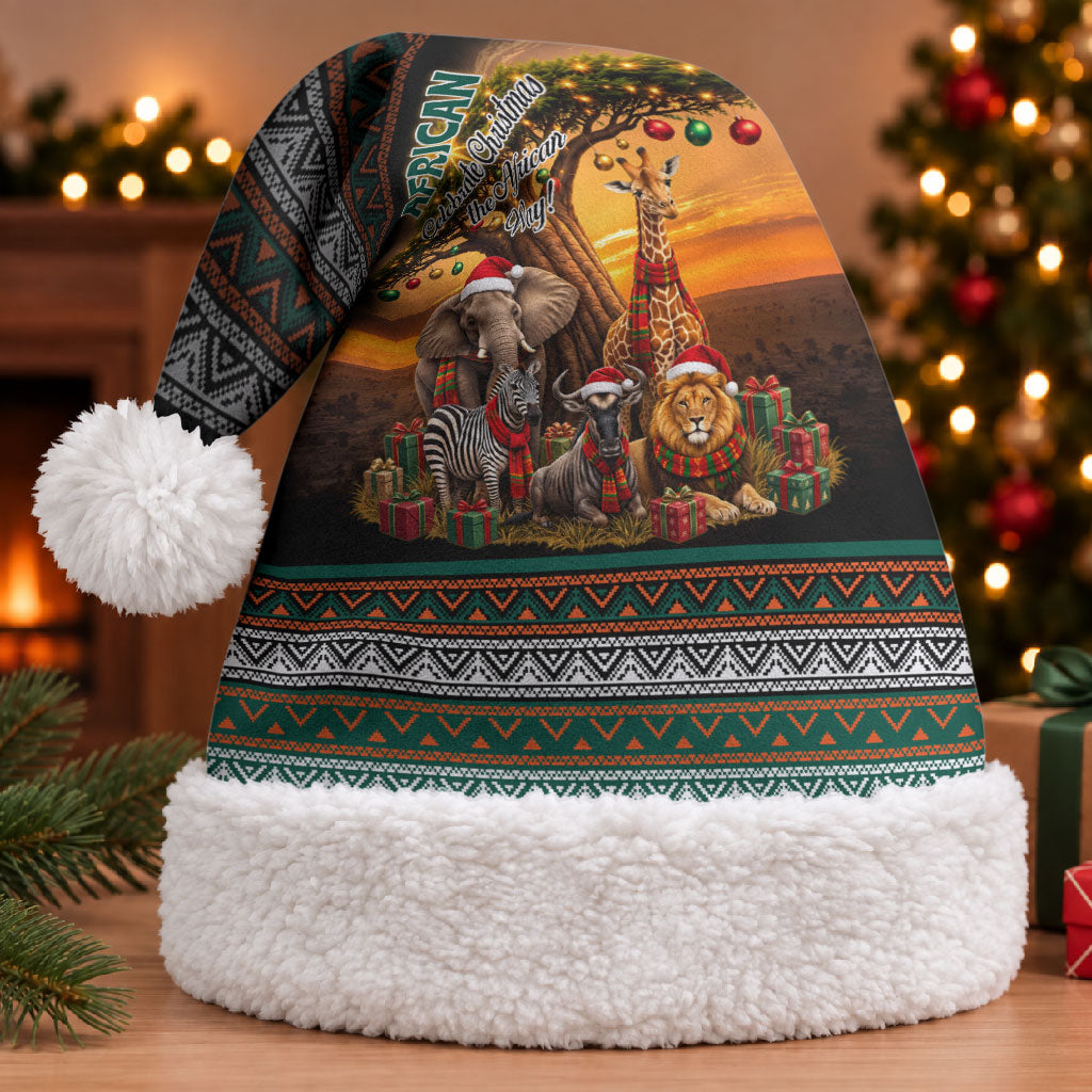 African Safari Animals Christmas Santa Hat Savannah Wildlife Festive Holiday Tribal Pattern