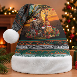 African Safari Animals Christmas Santa Hat Savannah Wildlife Festive Holiday Tribal Pattern