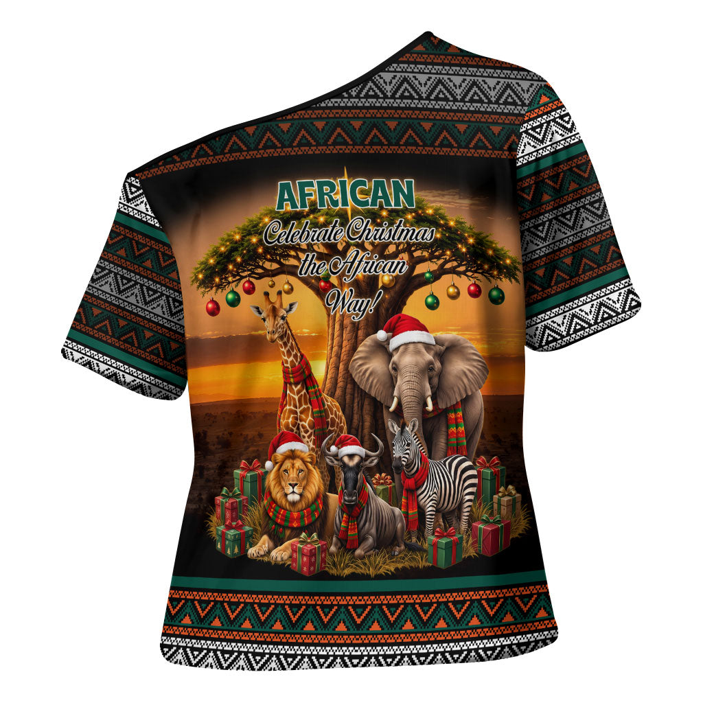 African Safari Animals Christmas Cross Shoulder Shirt Savannah Wildlife Festive Holiday Tribal Pattern