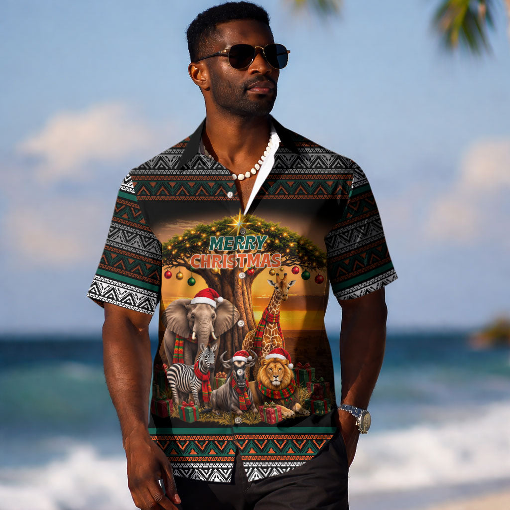 African Safari Animals Christmas Hawaiian Shirt Savannah Wildlife Festive Holiday Tribal Pattern