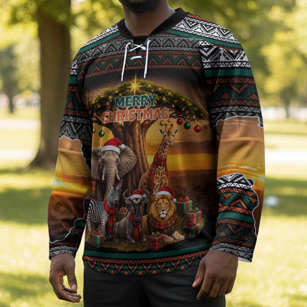 African Safari Animals Christmas Hockey Jersey Savannah Wildlife Festive Holiday Tribal Pattern