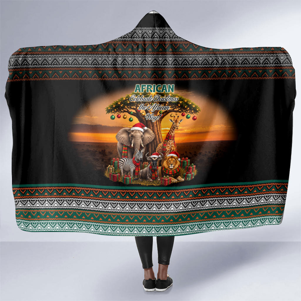 African Safari Animals Christmas Hooded Blanket Savannah Wildlife Festive Holiday Tribal Pattern