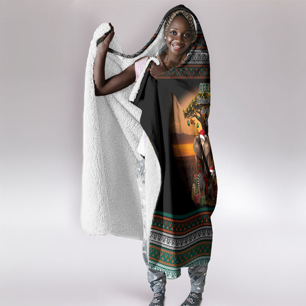 African Safari Animals Christmas Hooded Blanket Savannah Wildlife Festive Holiday Tribal Pattern