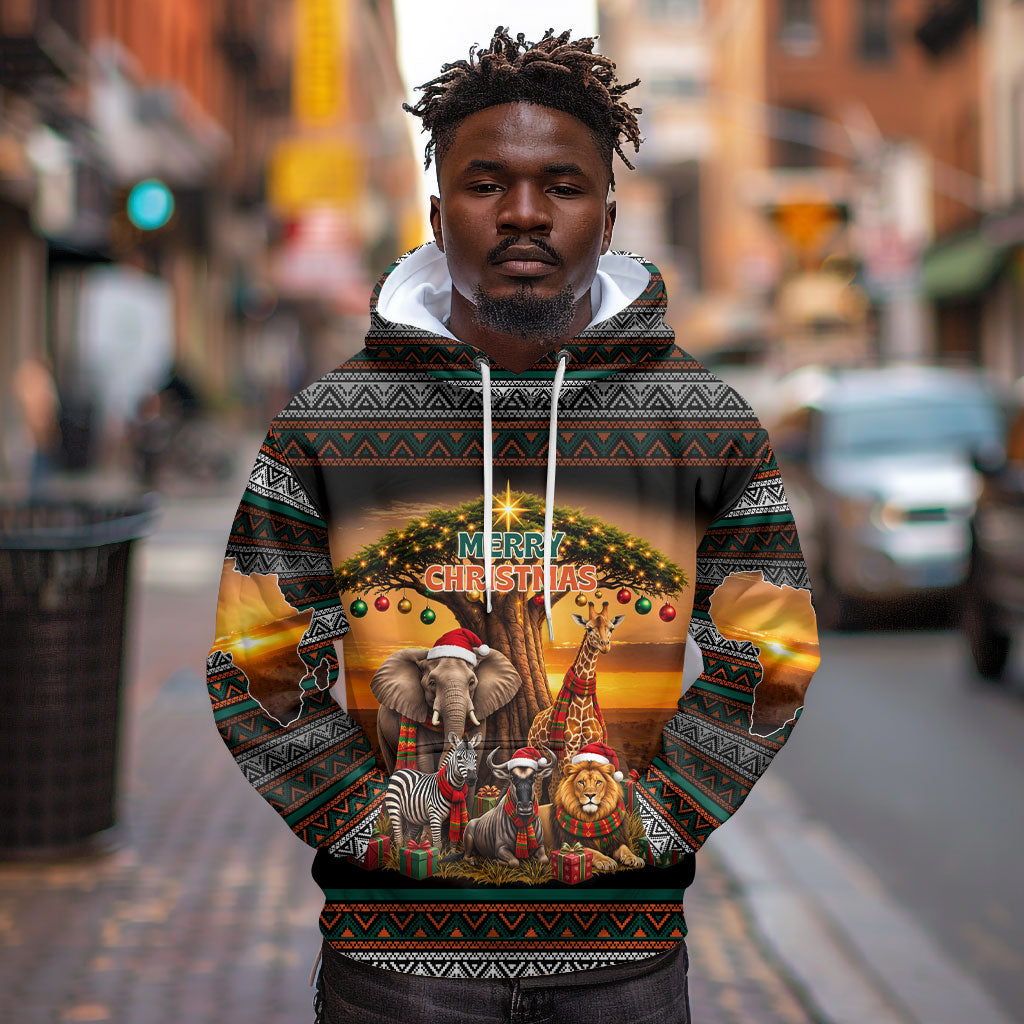 African Safari Animals Christmas Hoodie Savannah Wildlife Festive Holiday Tribal Pattern