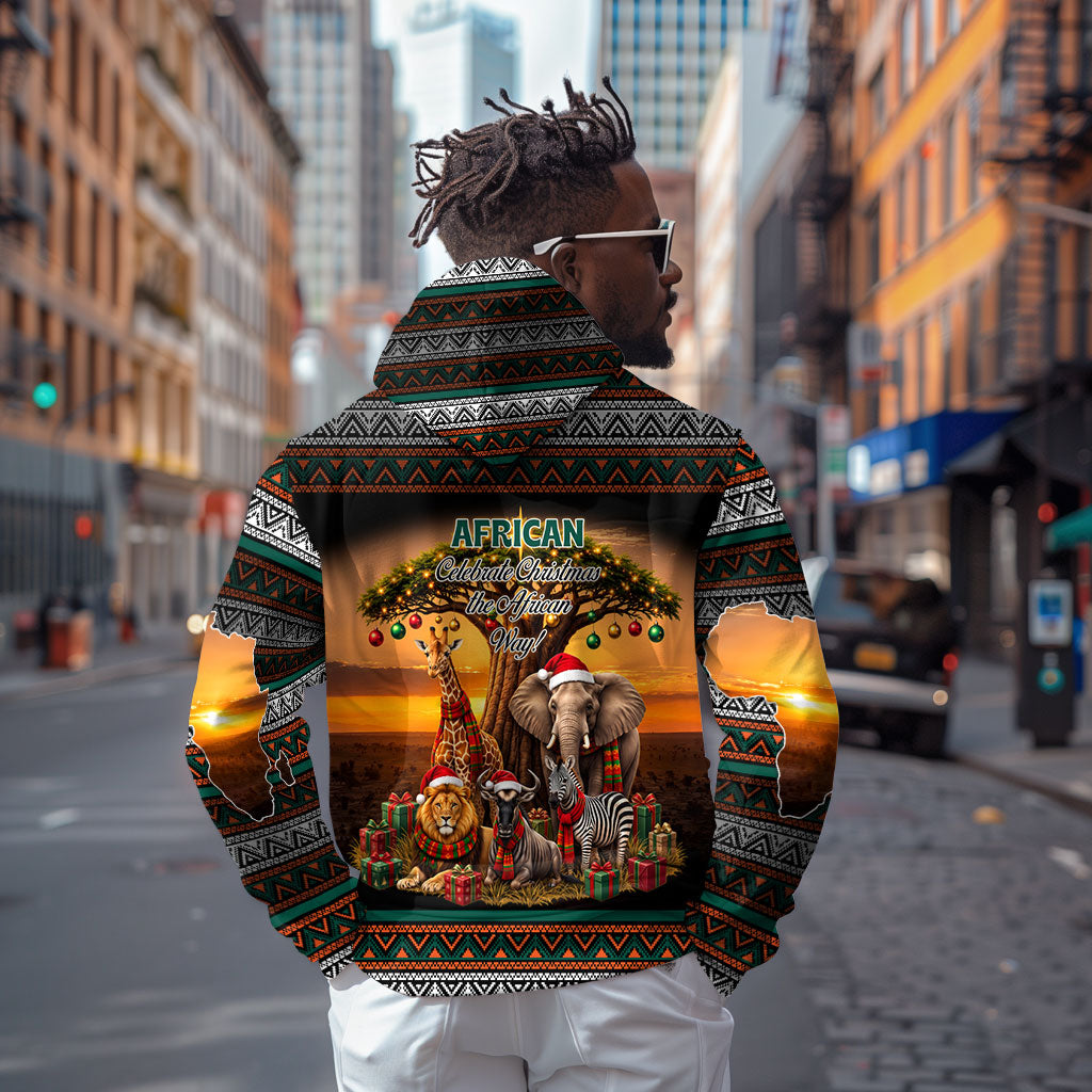 African Safari Animals Christmas Hoodie Savannah Wildlife Festive Holiday Tribal Pattern