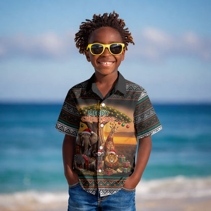 African Safari Animals Christmas Kid Hawaiian Shirt Savannah Wildlife Festive Holiday Tribal Pattern