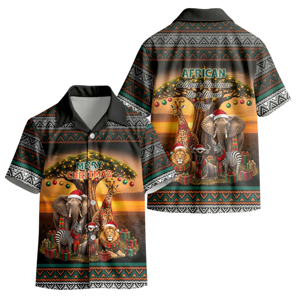 African Safari Animals Christmas Kid Hawaiian Shirt Savannah Wildlife Festive Holiday Tribal Pattern