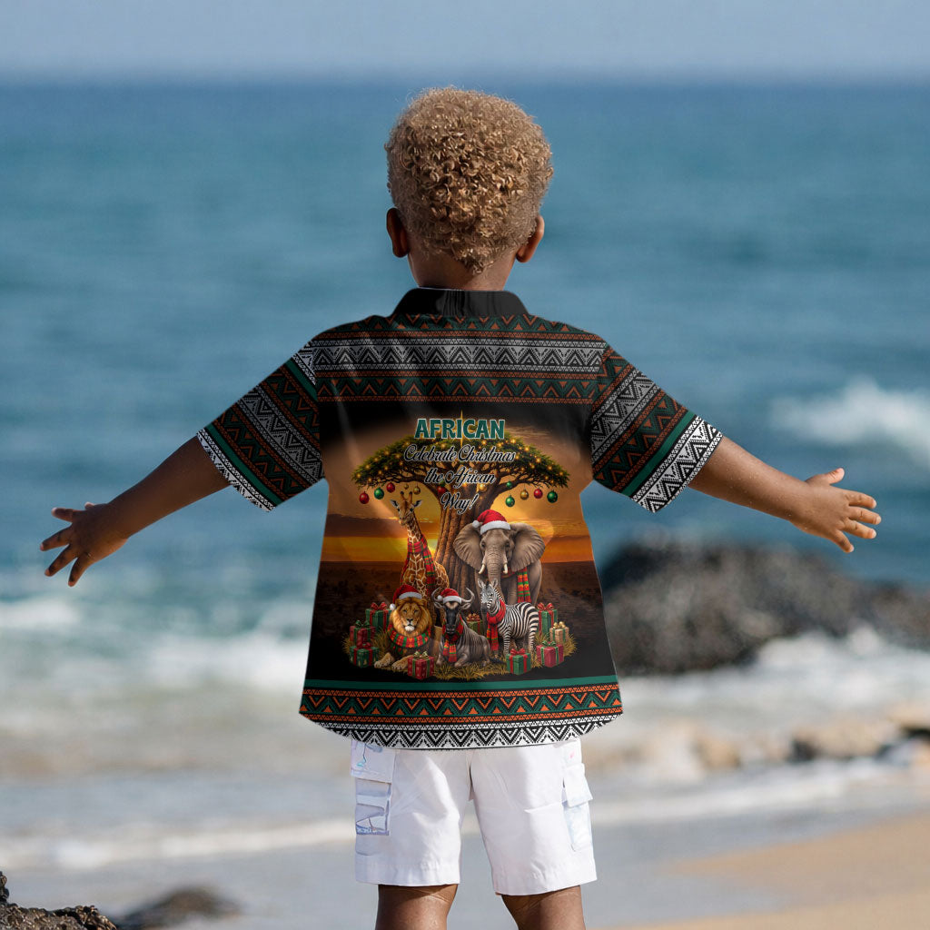 African Safari Animals Christmas Kid Hawaiian Shirt Savannah Wildlife Festive Holiday Tribal Pattern