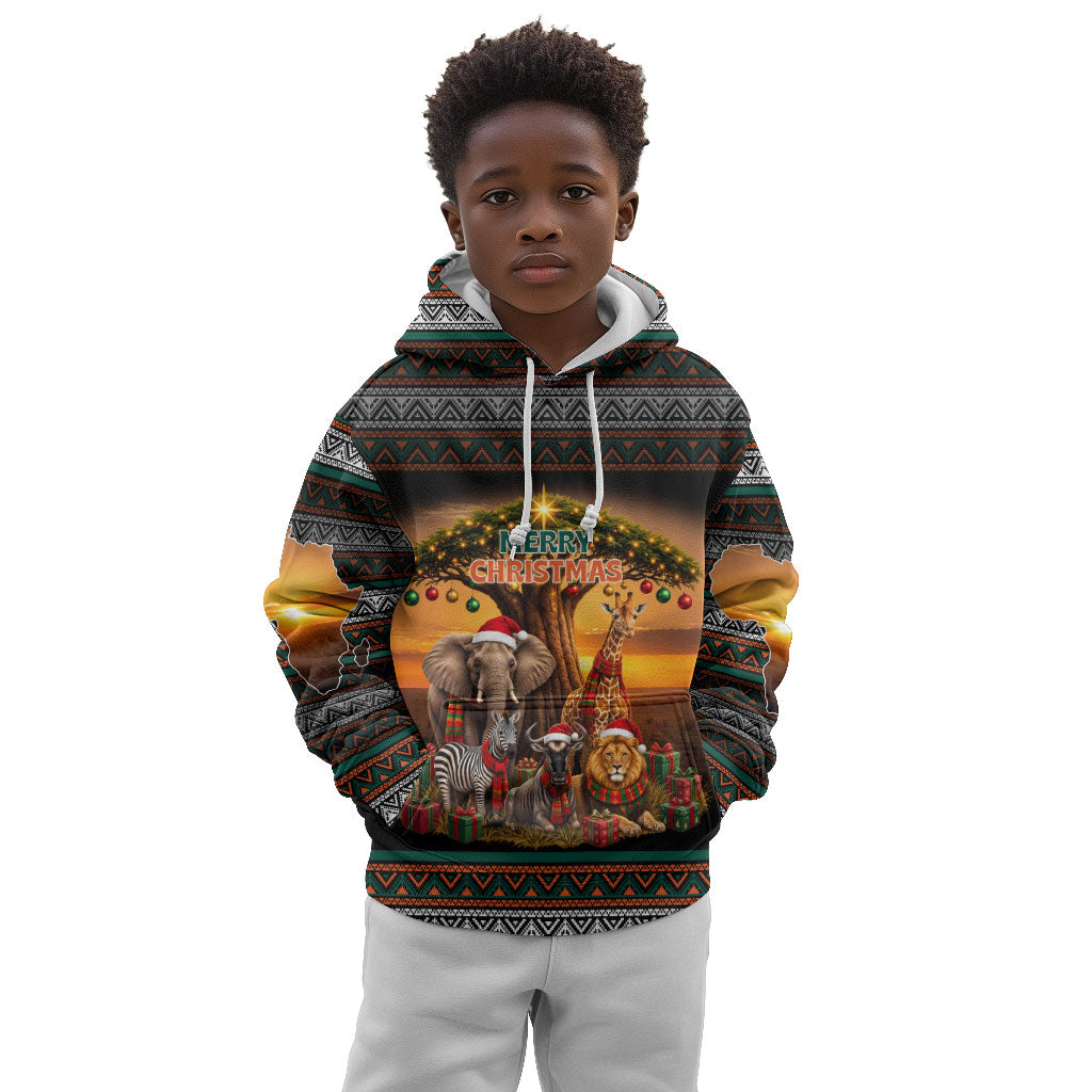 African Safari Animals Christmas Kid Hoodie Savannah Wildlife Festive Holiday Tribal Pattern
