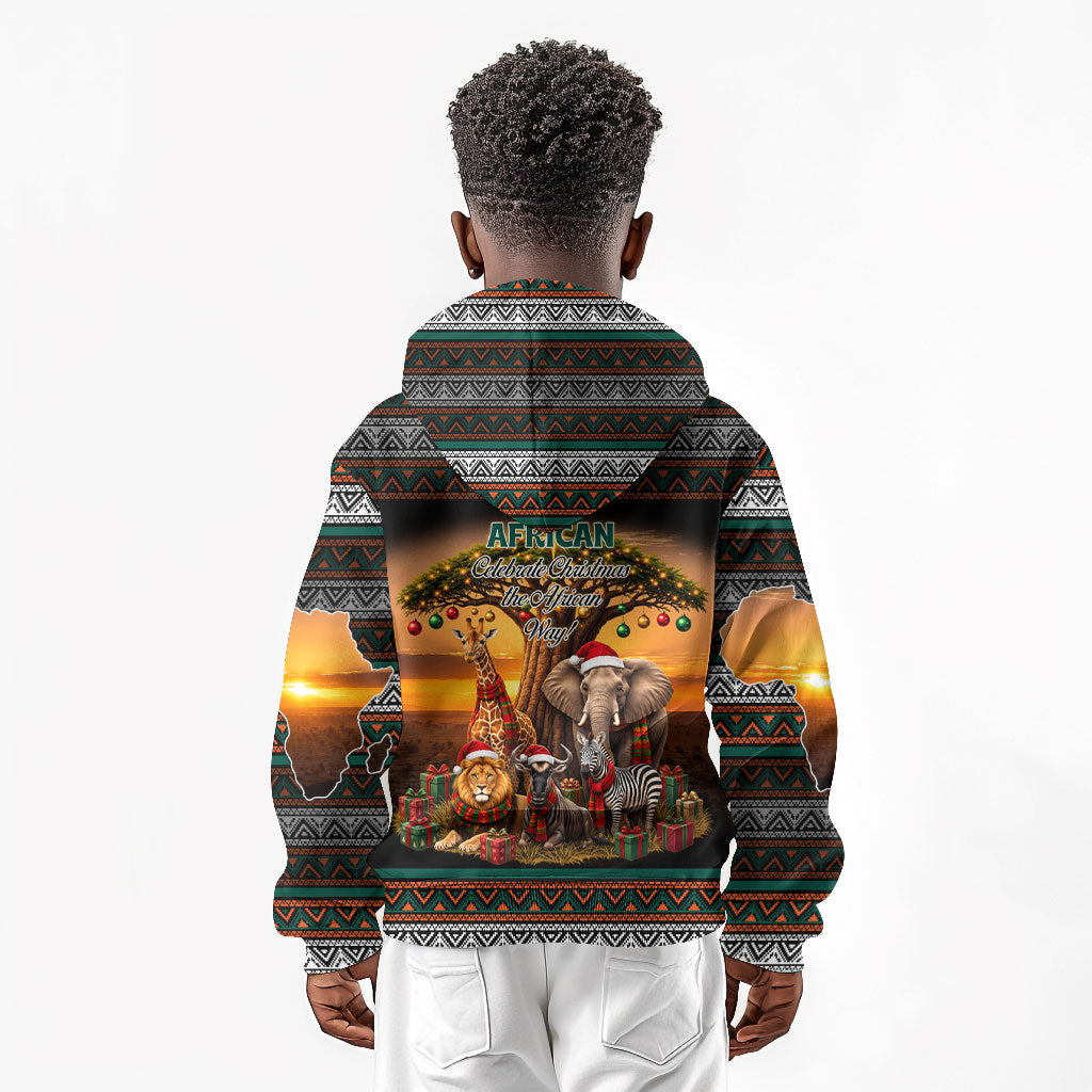 African Safari Animals Christmas Kid Hoodie Savannah Wildlife Festive Holiday Tribal Pattern