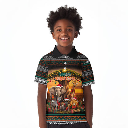 African Safari Animals Christmas Kid Polo Shirt Savannah Wildlife Festive Holiday Tribal Pattern
